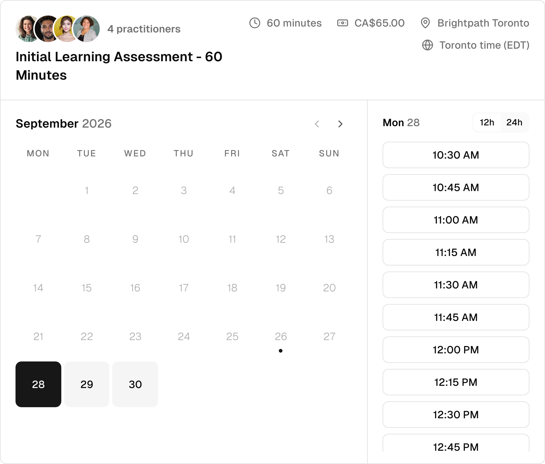Monthly tutoring booking calendar with a selected date and available times.