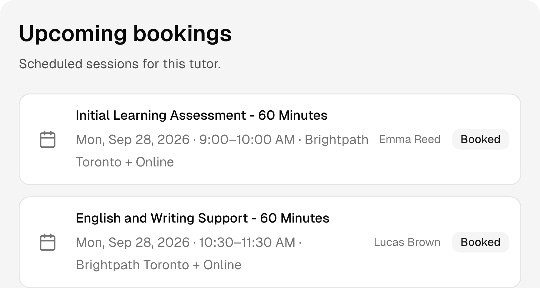 Upcoming tutoring bookings with services, times, and status.
