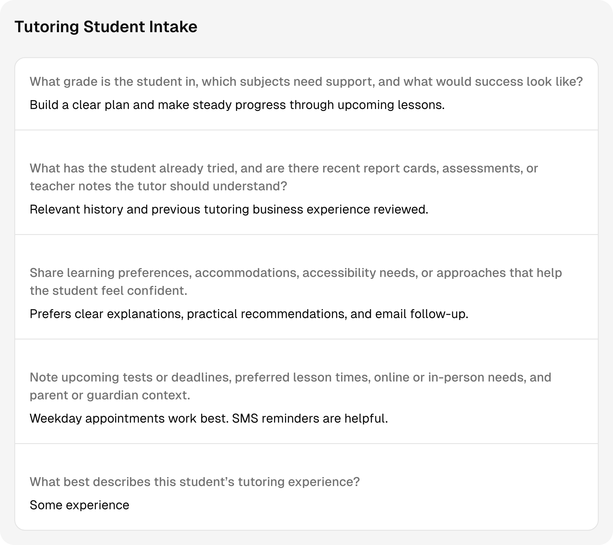 Completed tutoring intake questions and answers using sample client information.