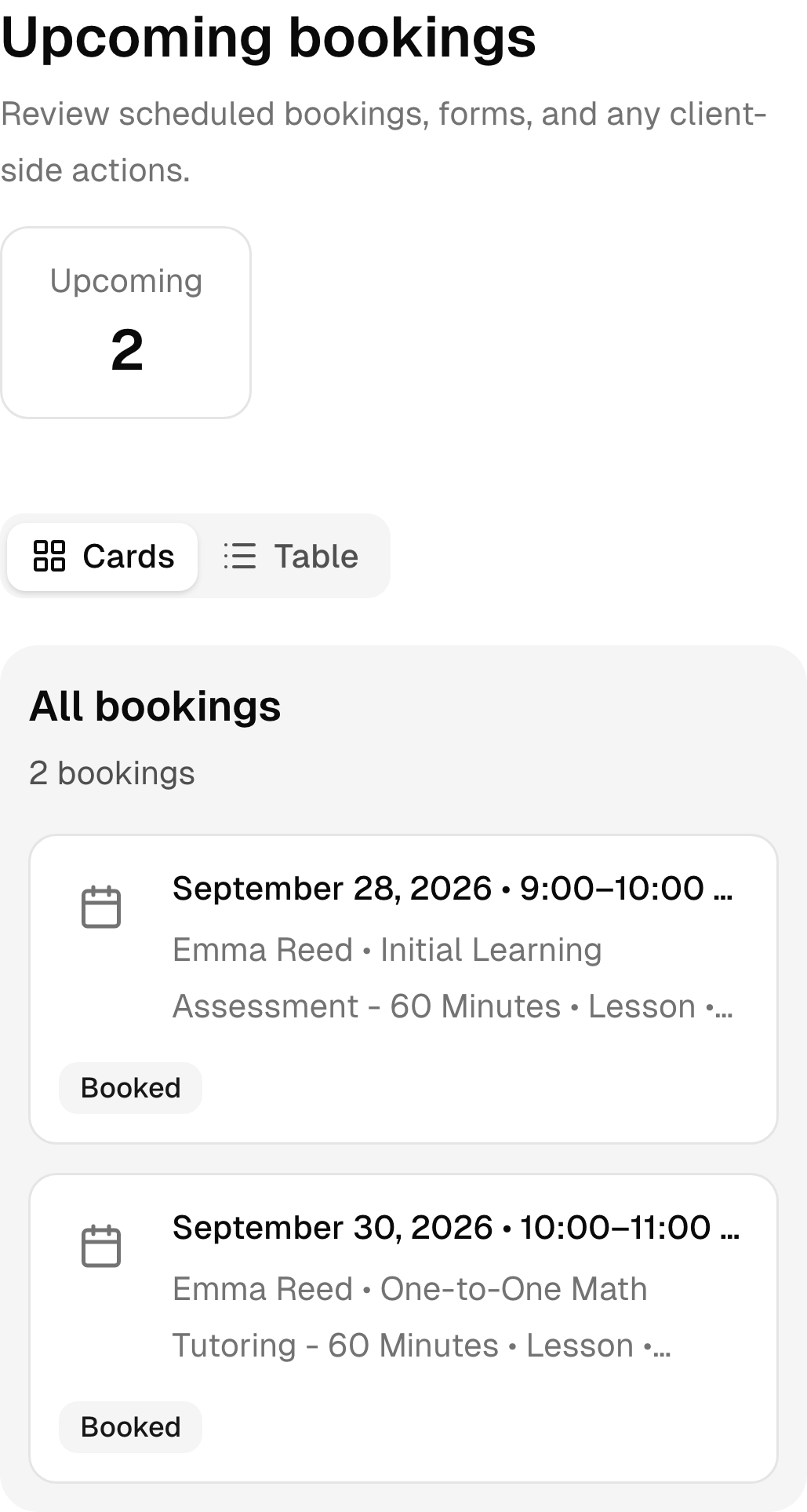 Upcoming tutoring bookings in the real mobile client portal.