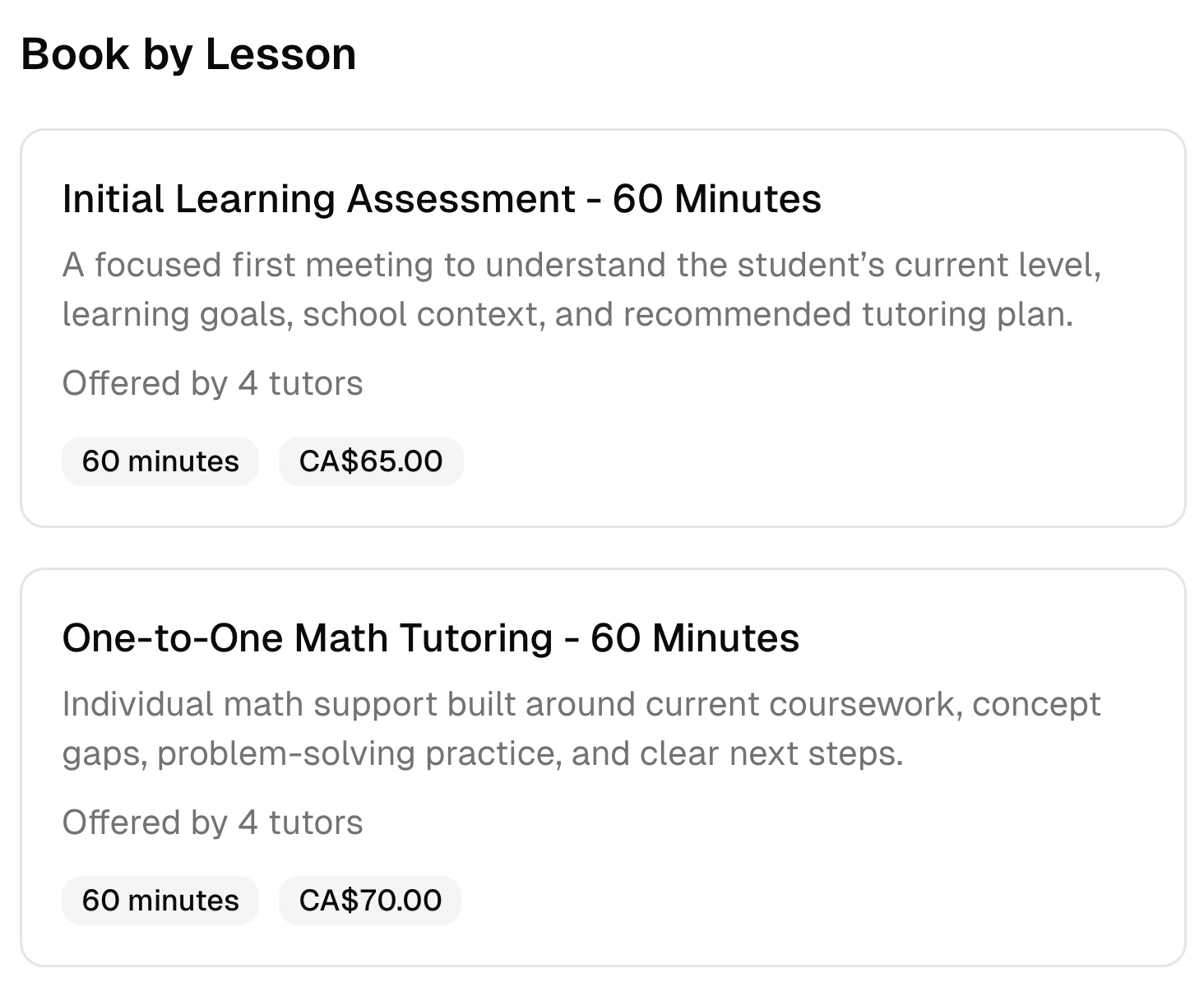 Two tutoring booking options with their descriptions, duration, team, and prices.