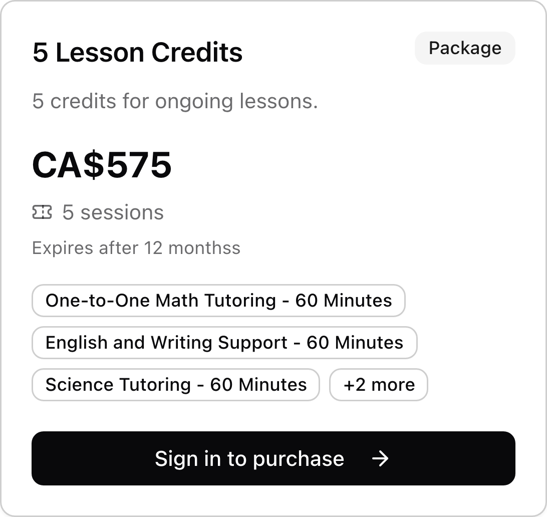 A tutoring credit package with price, included services, and purchase link.