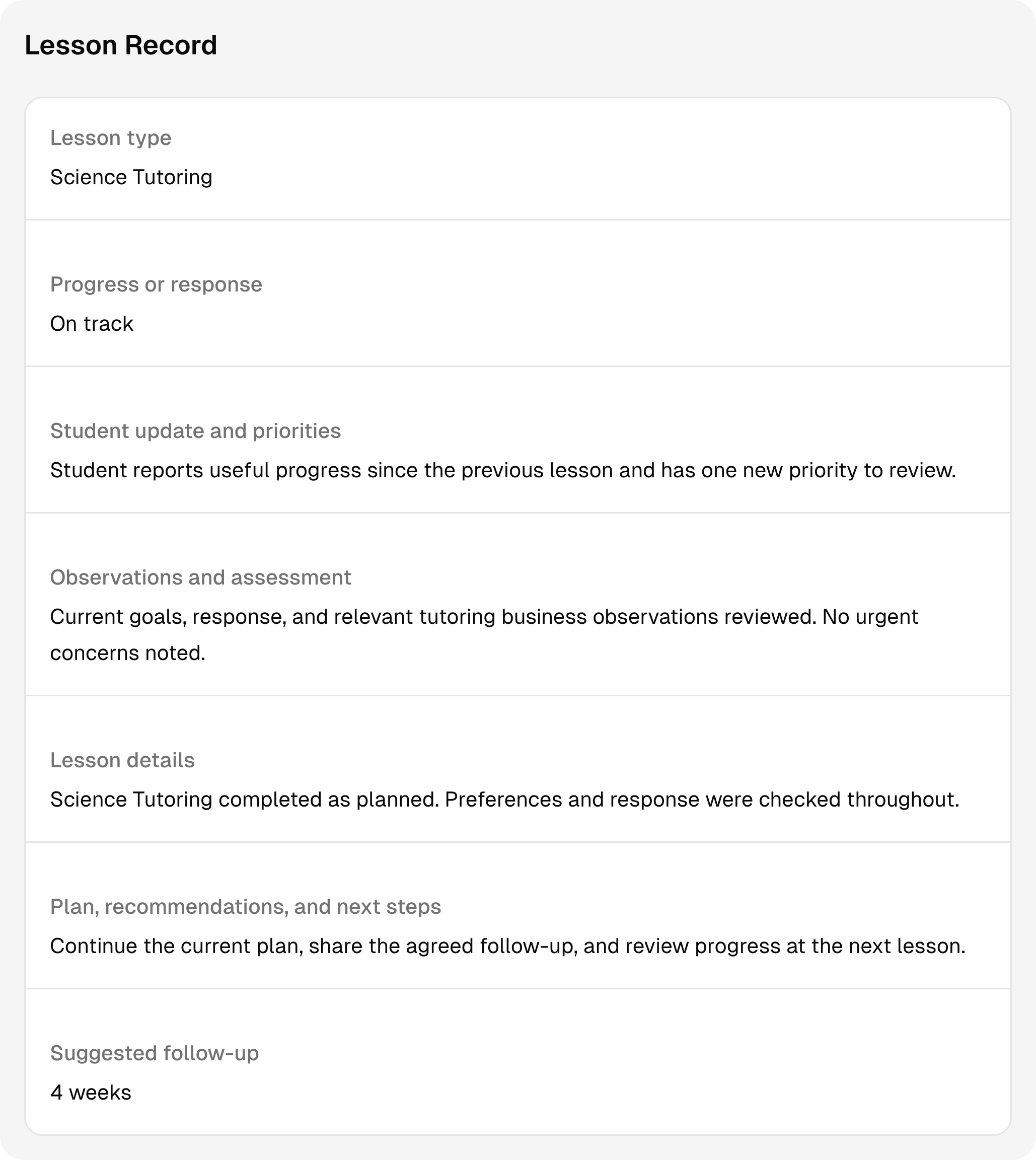 A completed tutoring session record with sample notes and follow-up context.