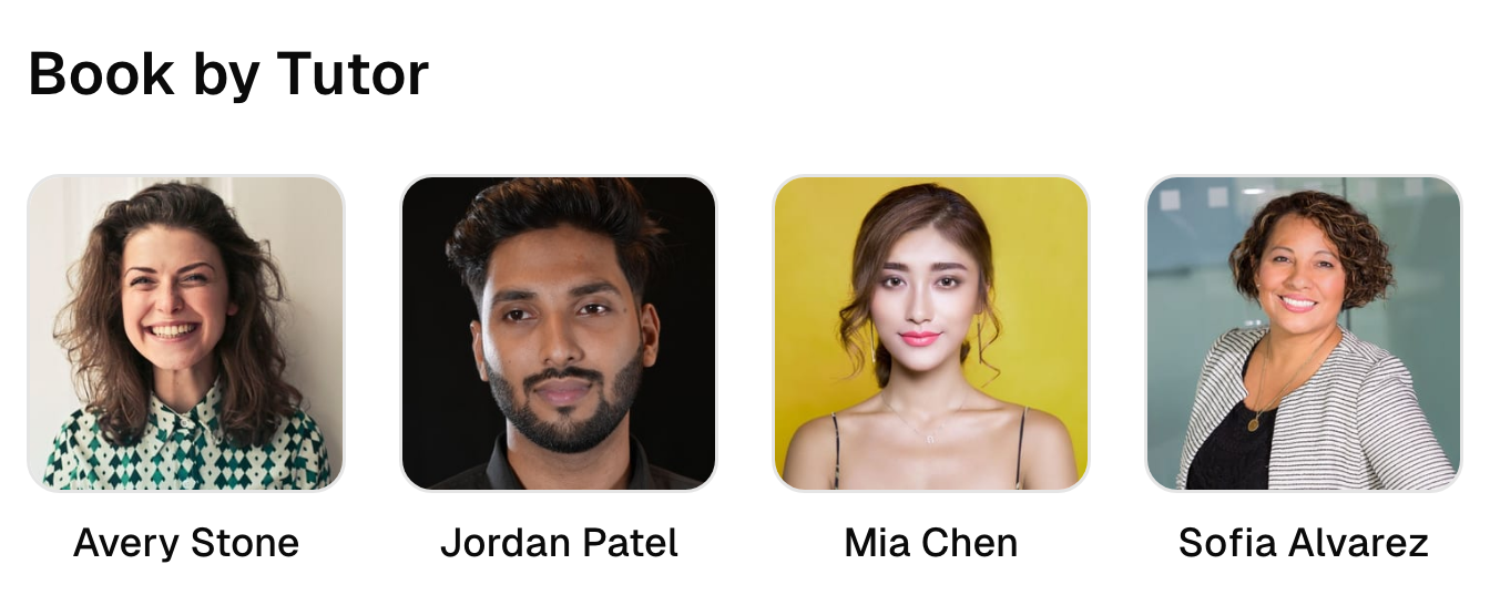 Four team profiles on the tutoring booking page.
