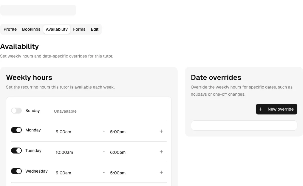 Tutoring software showing availability.