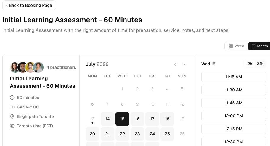 Tutoring software showing booking month.