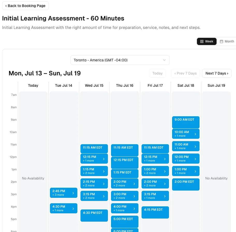 Tutoring software showing booking week.