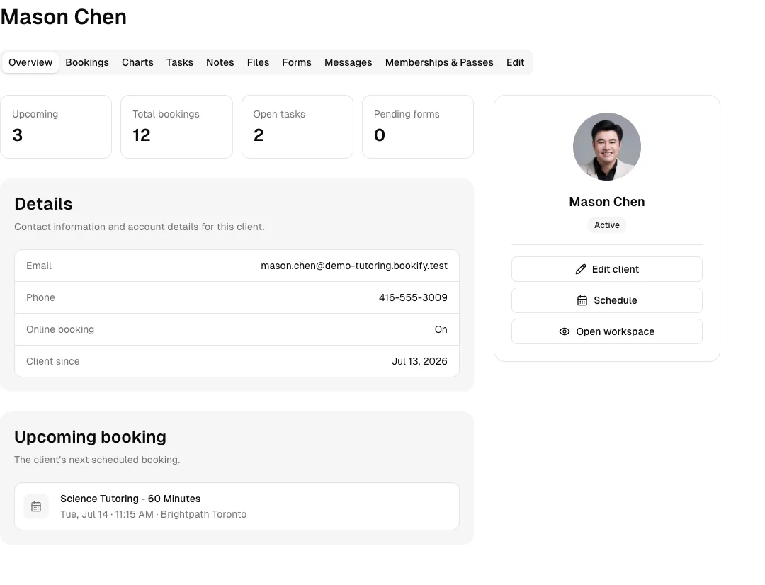 Tutoring software showing client profile.