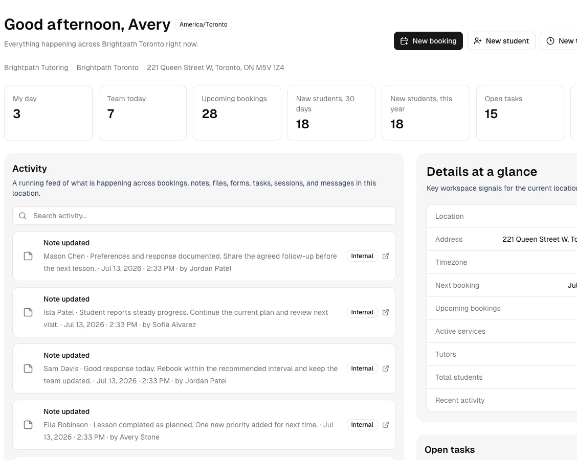 Tutoring software showing dashboard.