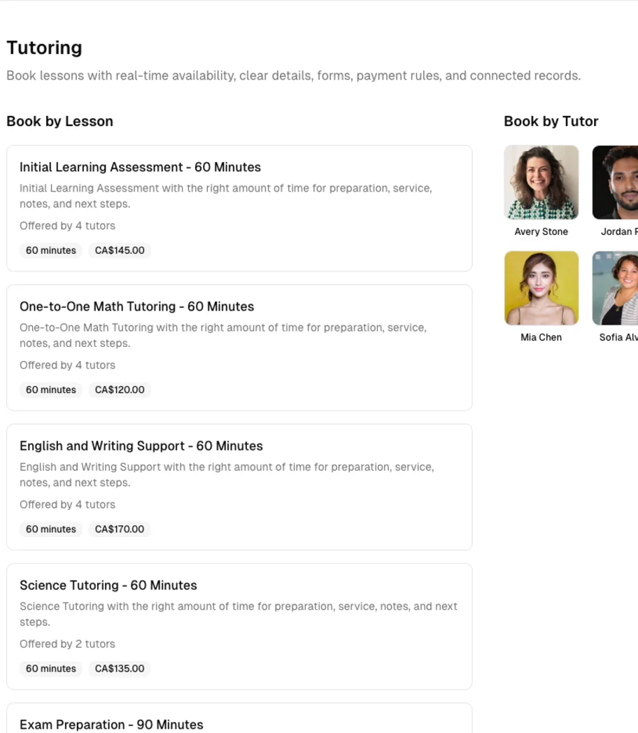 Tutoring software showing online booking.