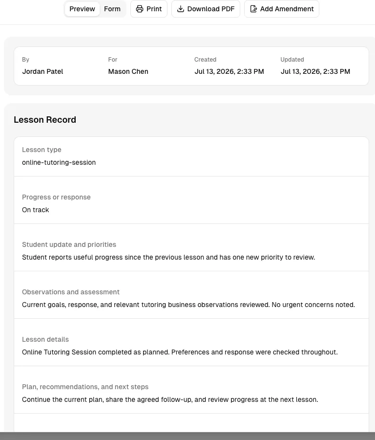 Tutoring software showing record.