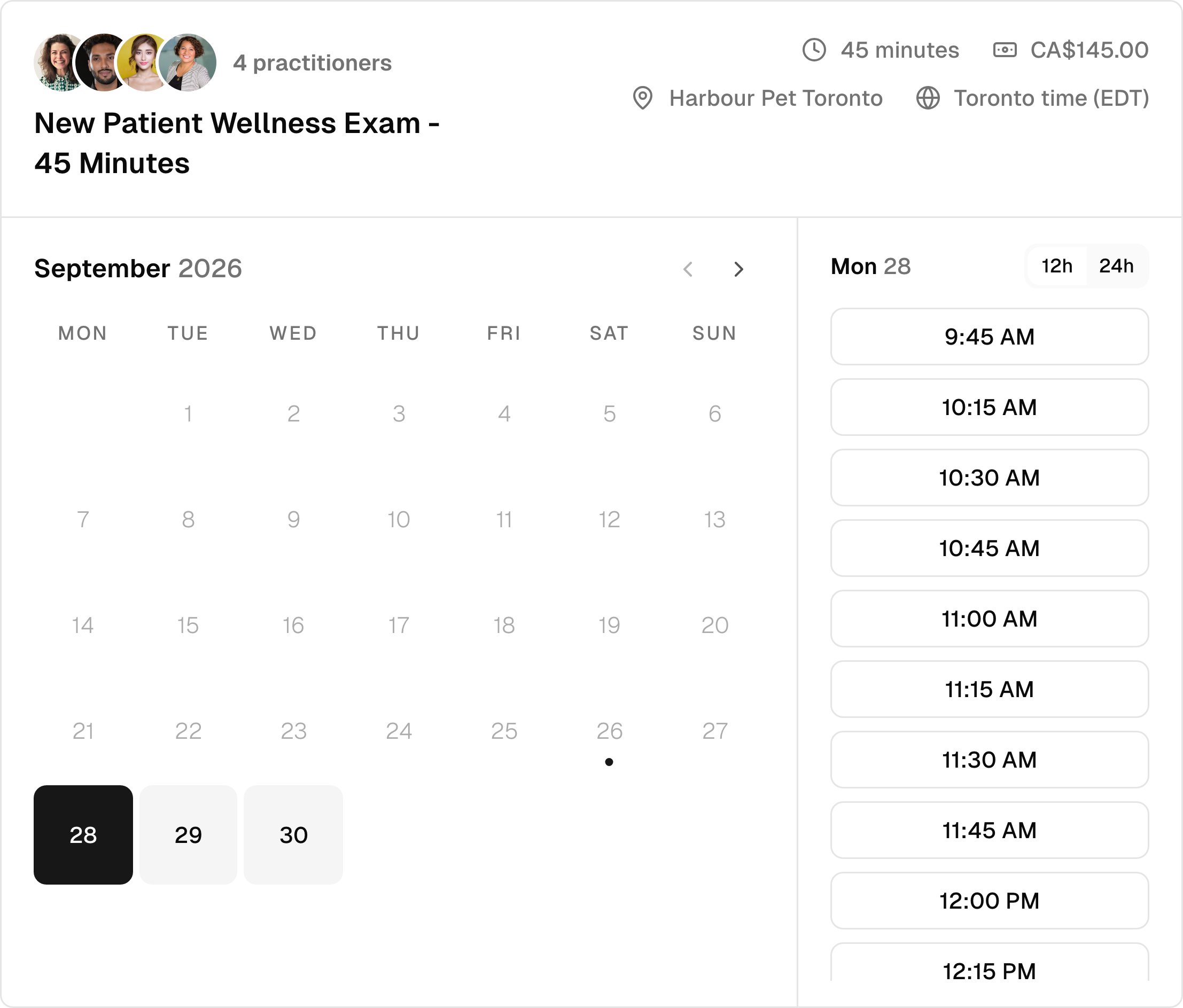 Monthly veterinary clinic booking calendar with a selected date and available times.