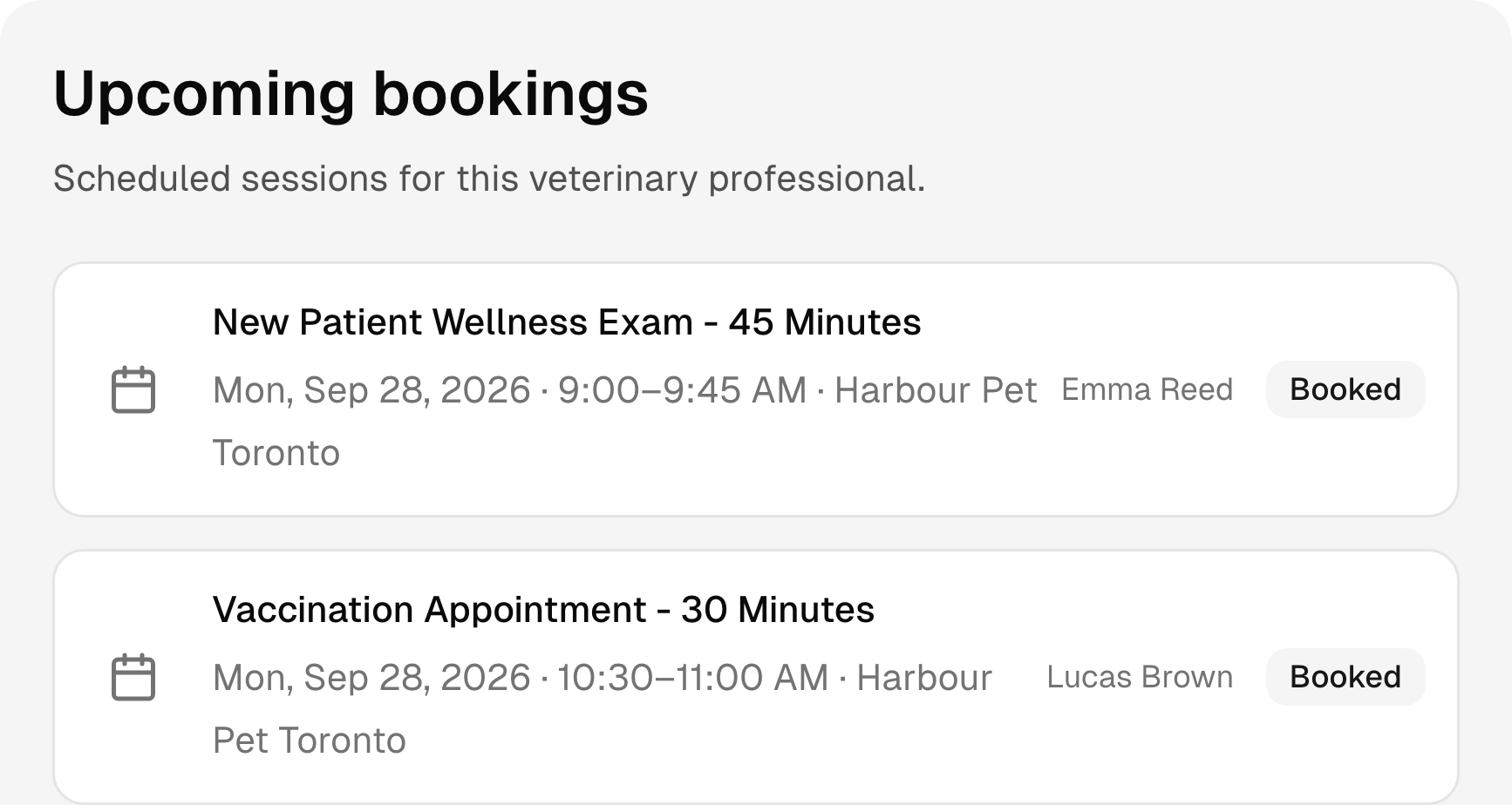 Upcoming veterinary clinic bookings with services, times, and status.