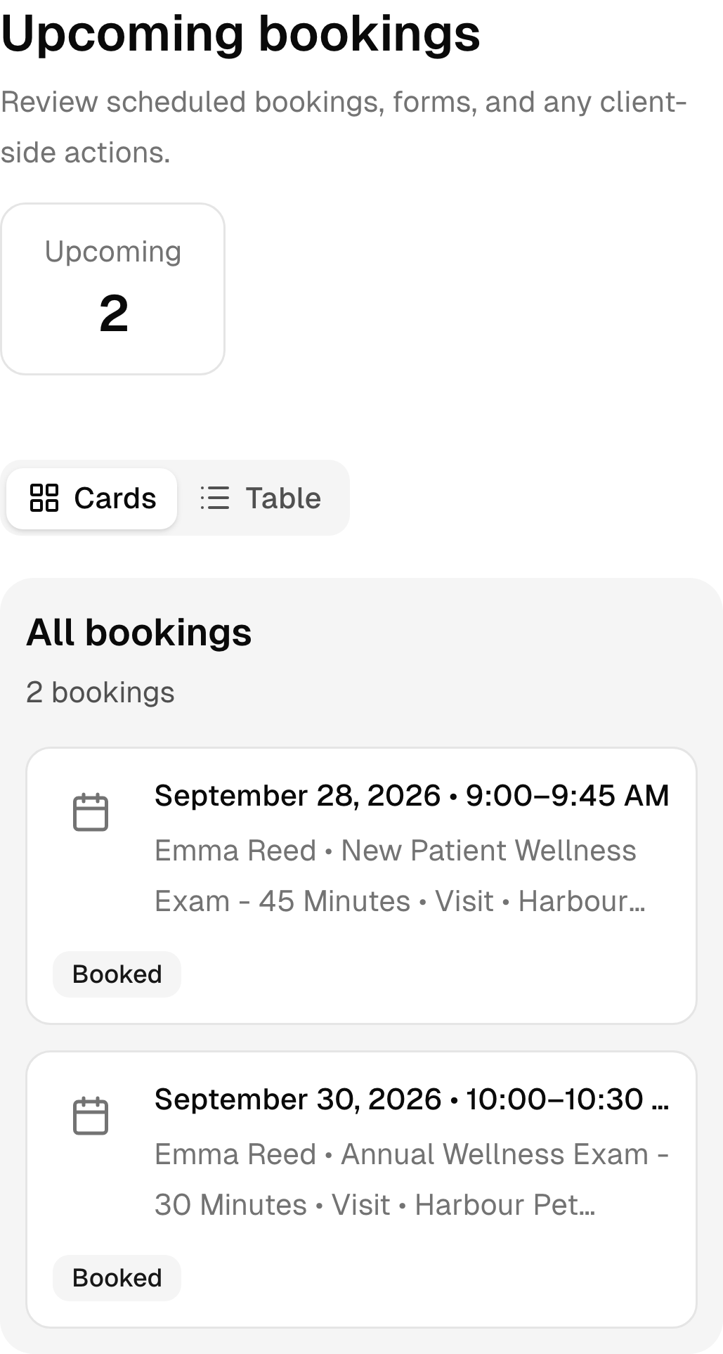 Upcoming veterinary clinic bookings in the real mobile client portal.