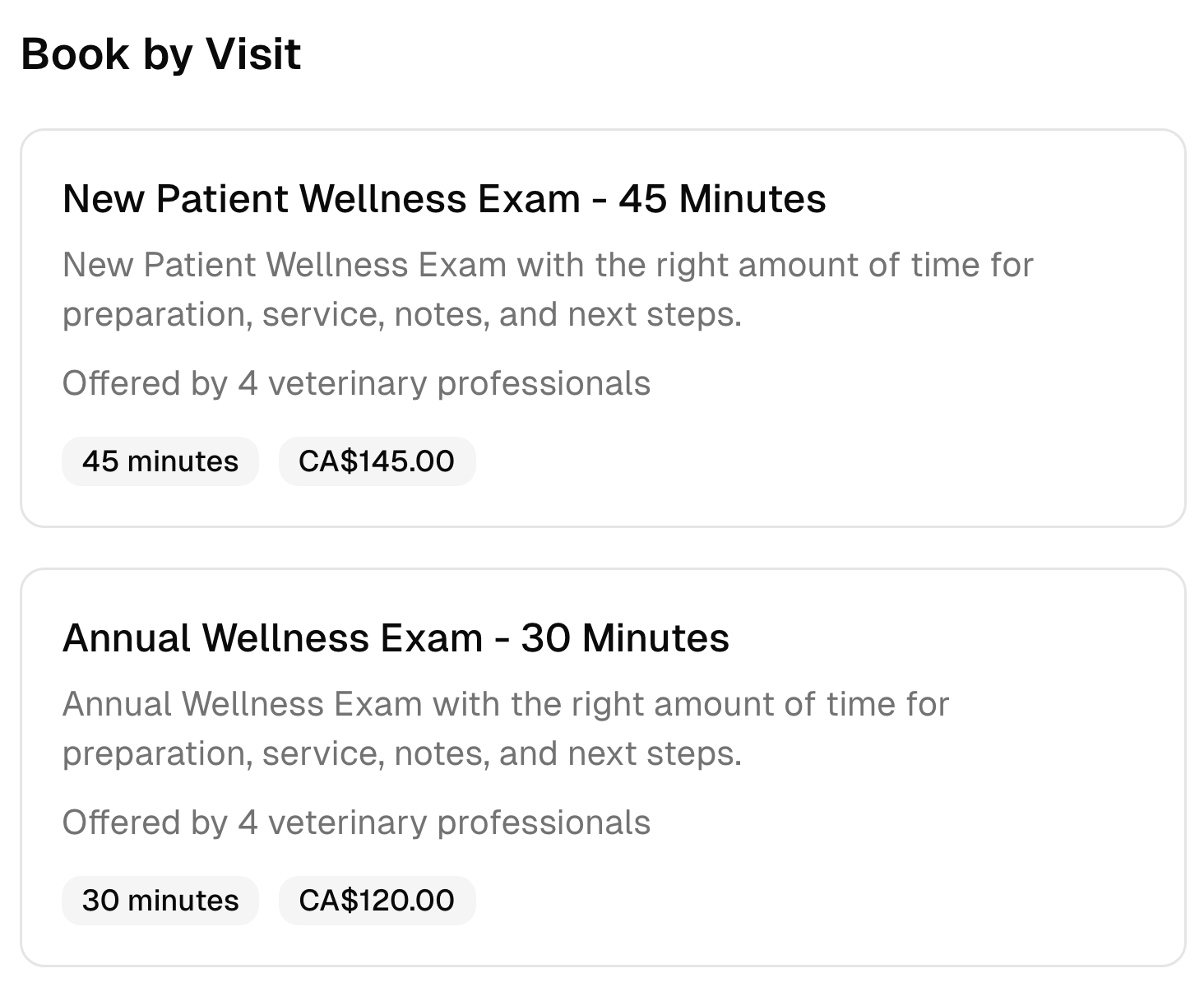 Two veterinary clinic booking options with their descriptions, duration, team, and prices.