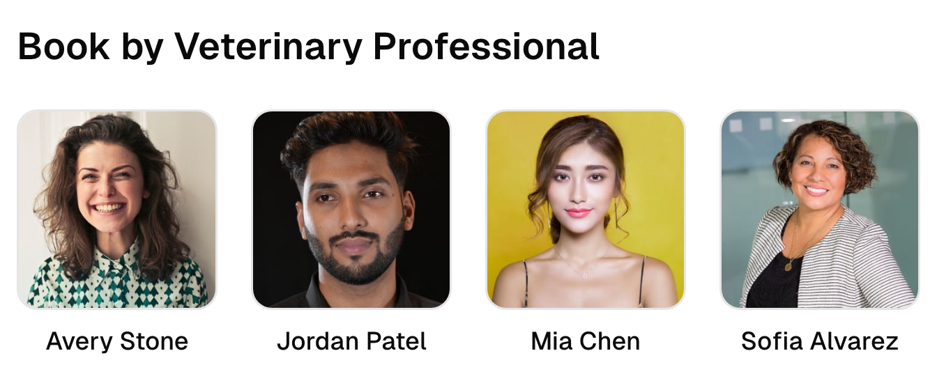 Four team profiles on the veterinary clinic booking page.