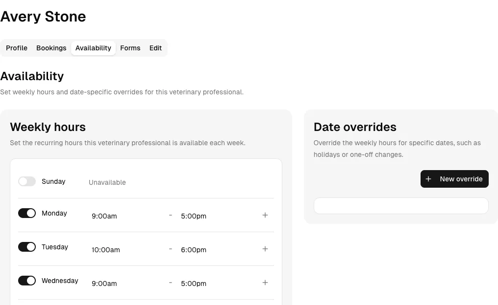 Veterinary Clinic software showing availability.