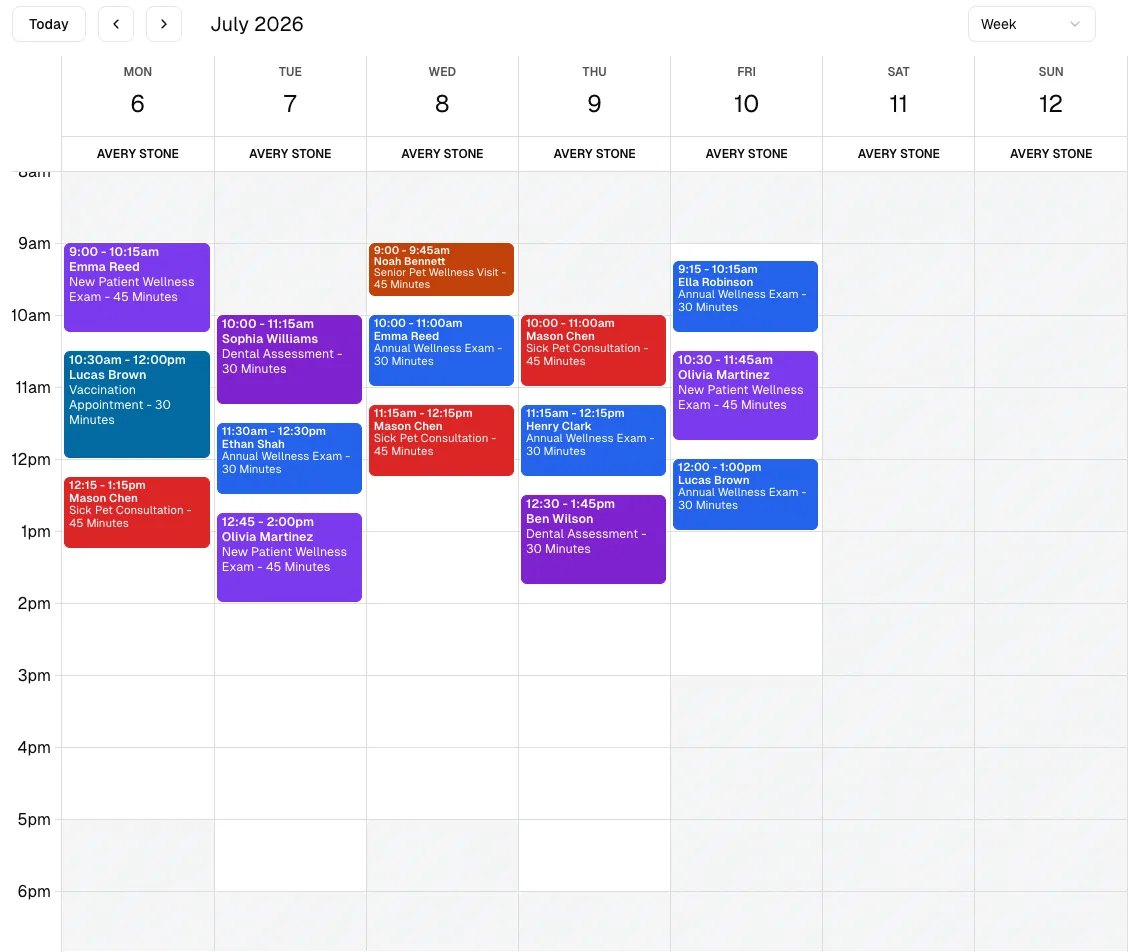 Veterinary Clinic software showing calendar.