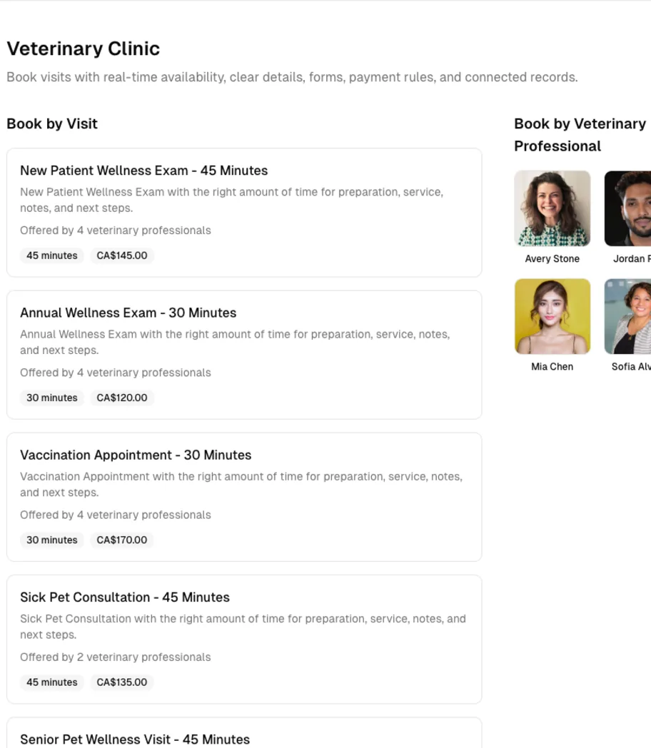 Veterinary Clinic software showing online booking.
