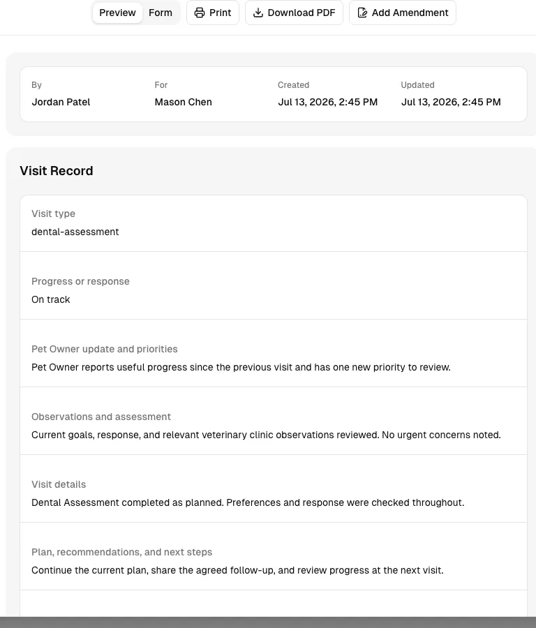 Veterinary Clinic software showing record.