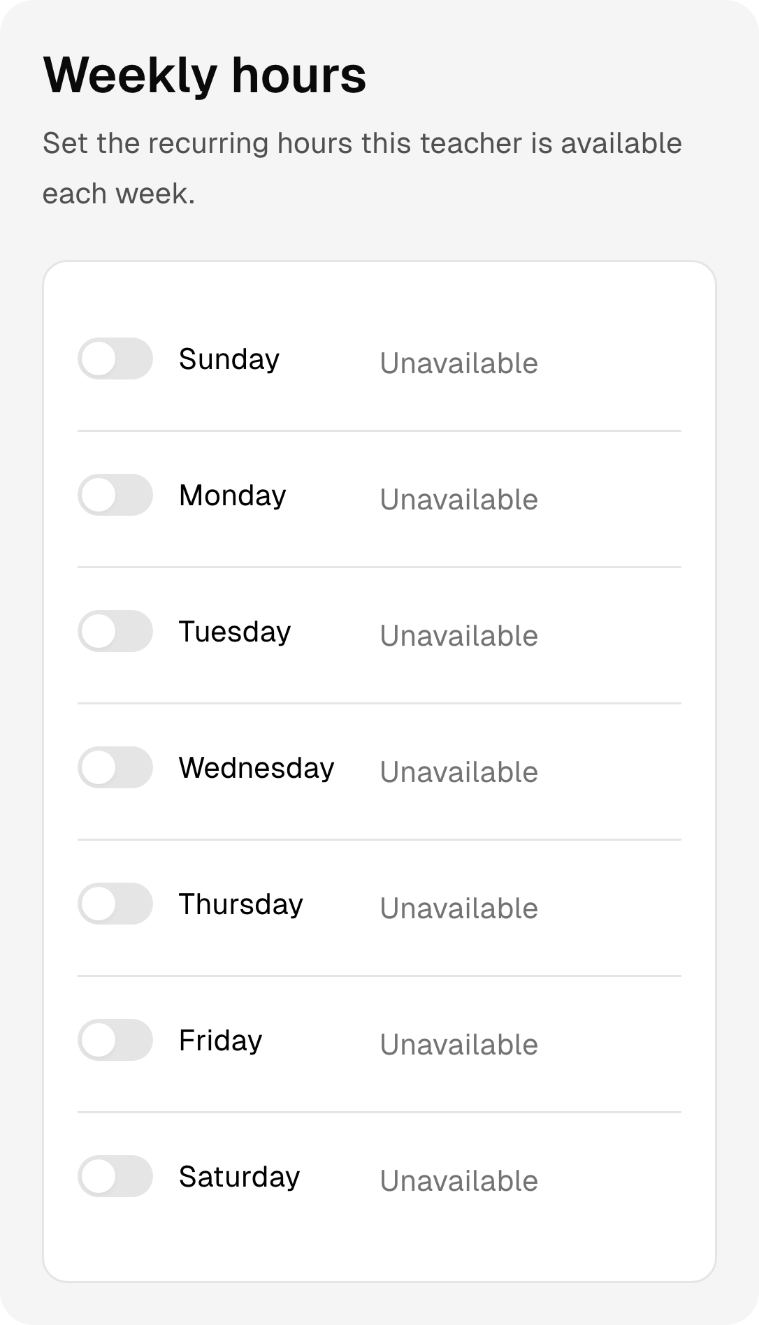 Recurring weekly working hours and days off for the yoga studio team.