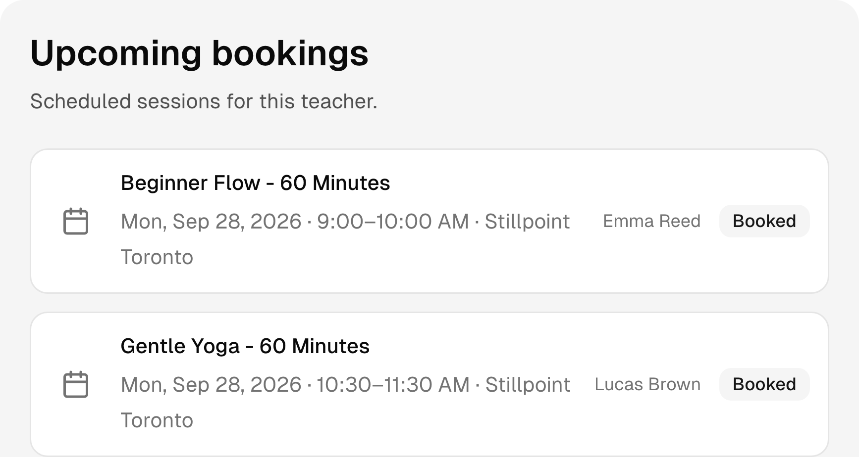 Upcoming yoga studio bookings with services, times, and status.
