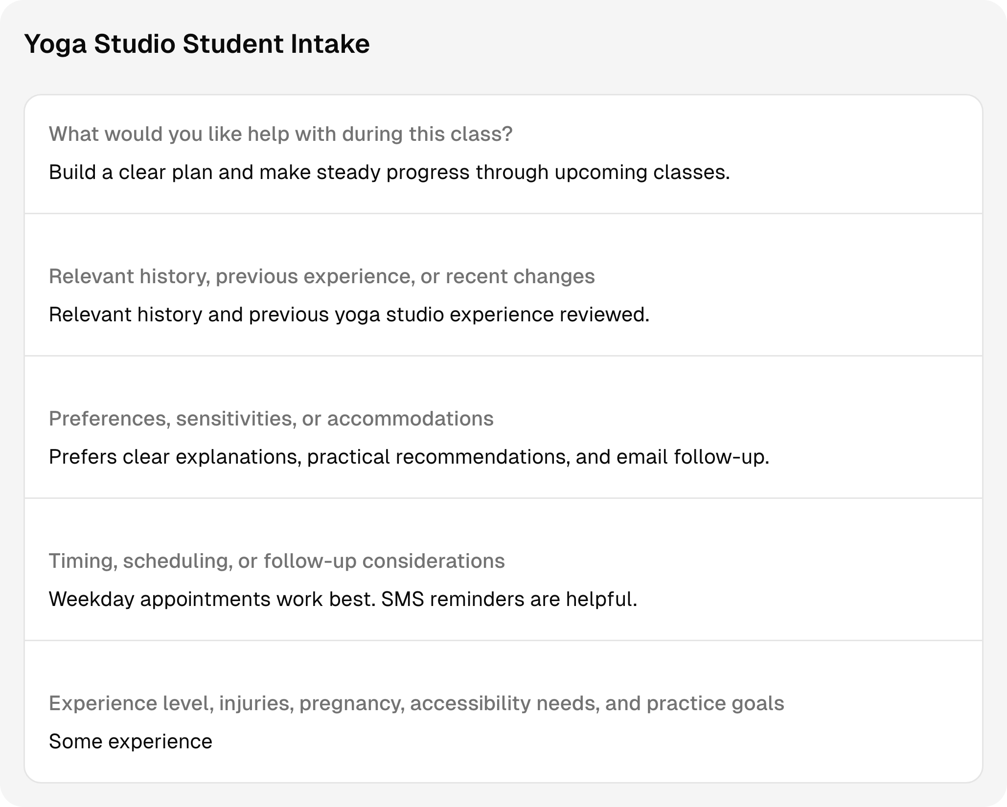 Completed yoga studio intake questions and answers using sample client information.