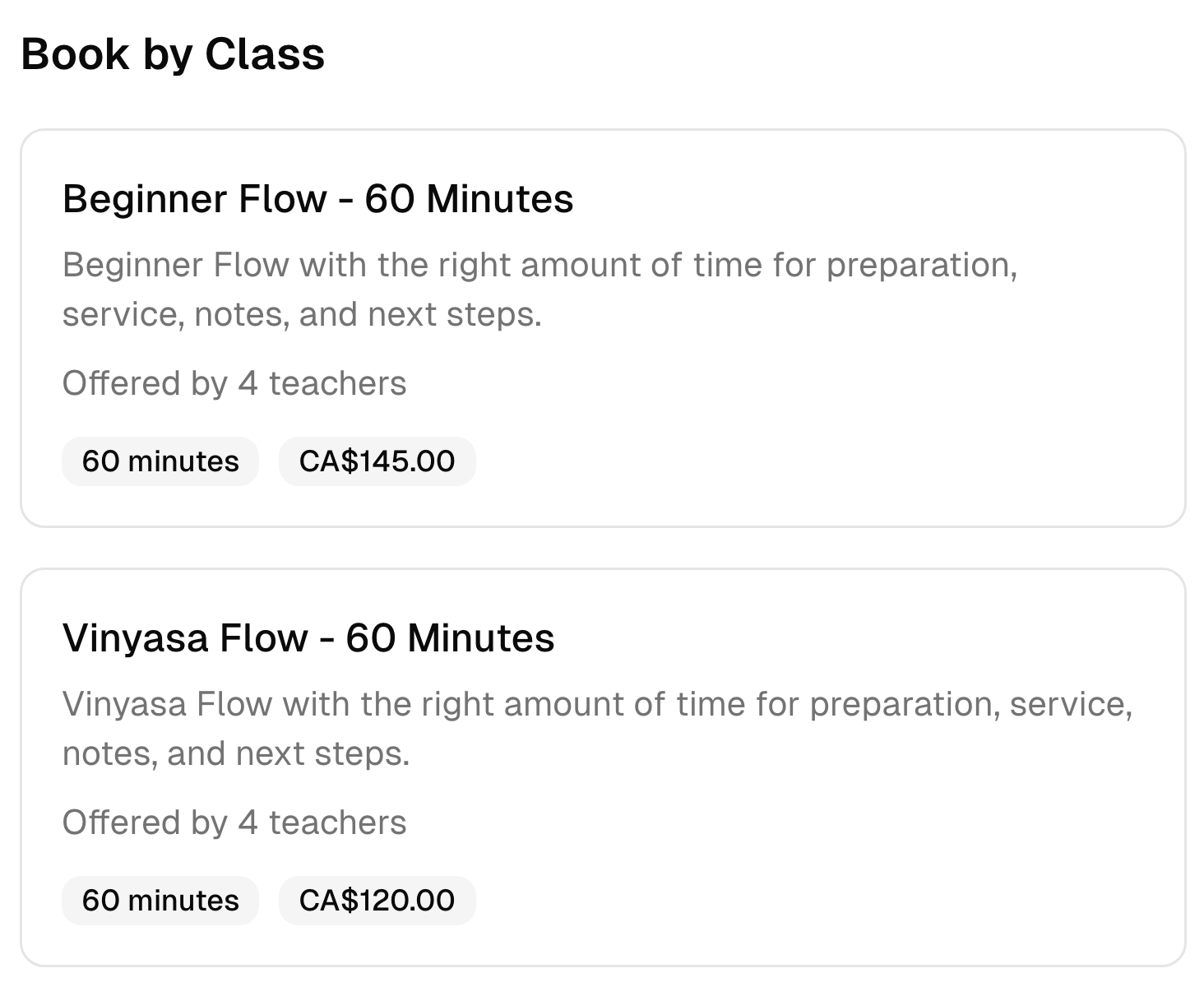 Two yoga studio booking options with their descriptions, duration, team, and prices.
