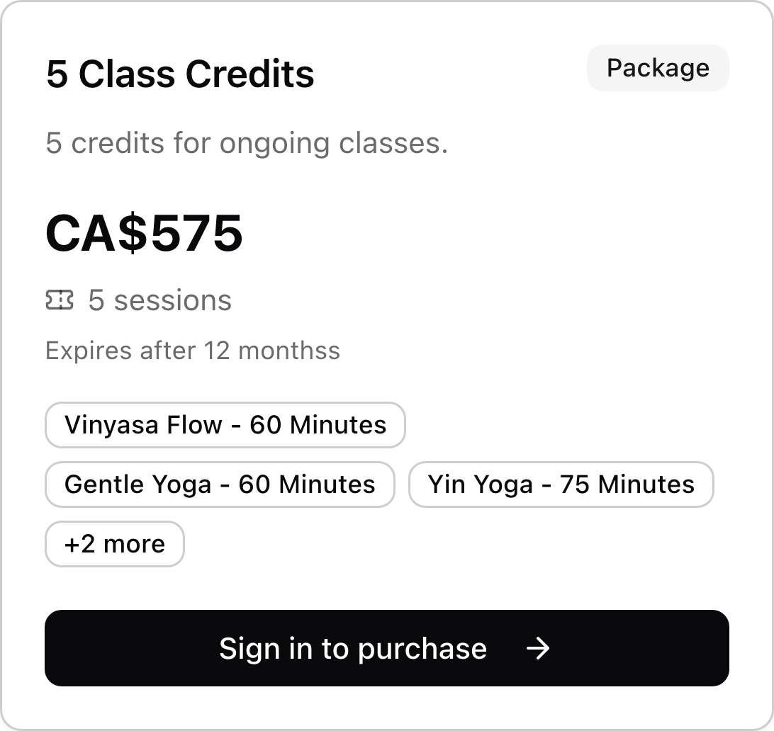 A yoga studio credit package with price, included services, and purchase link.