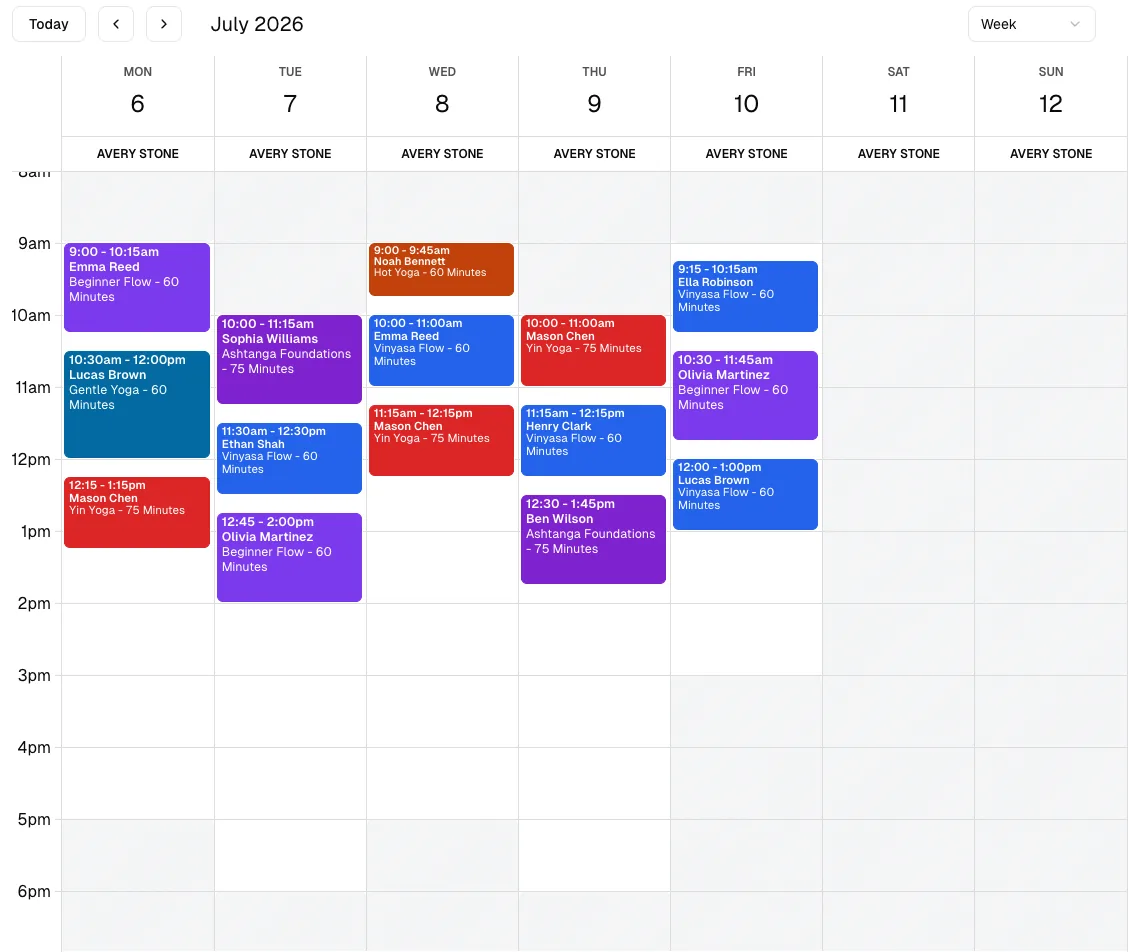 Yoga Studio software showing calendar.