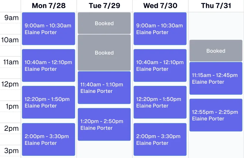 Bookify online booking availability with clear appointment openings across the week.