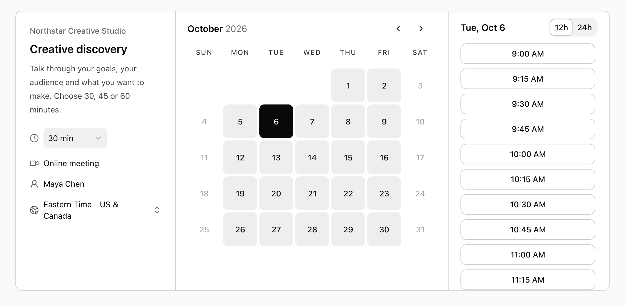 A booking page for a Creative discovery meeting, with an October calendar where every weekday is open and the open times for Tuesday, October 6.