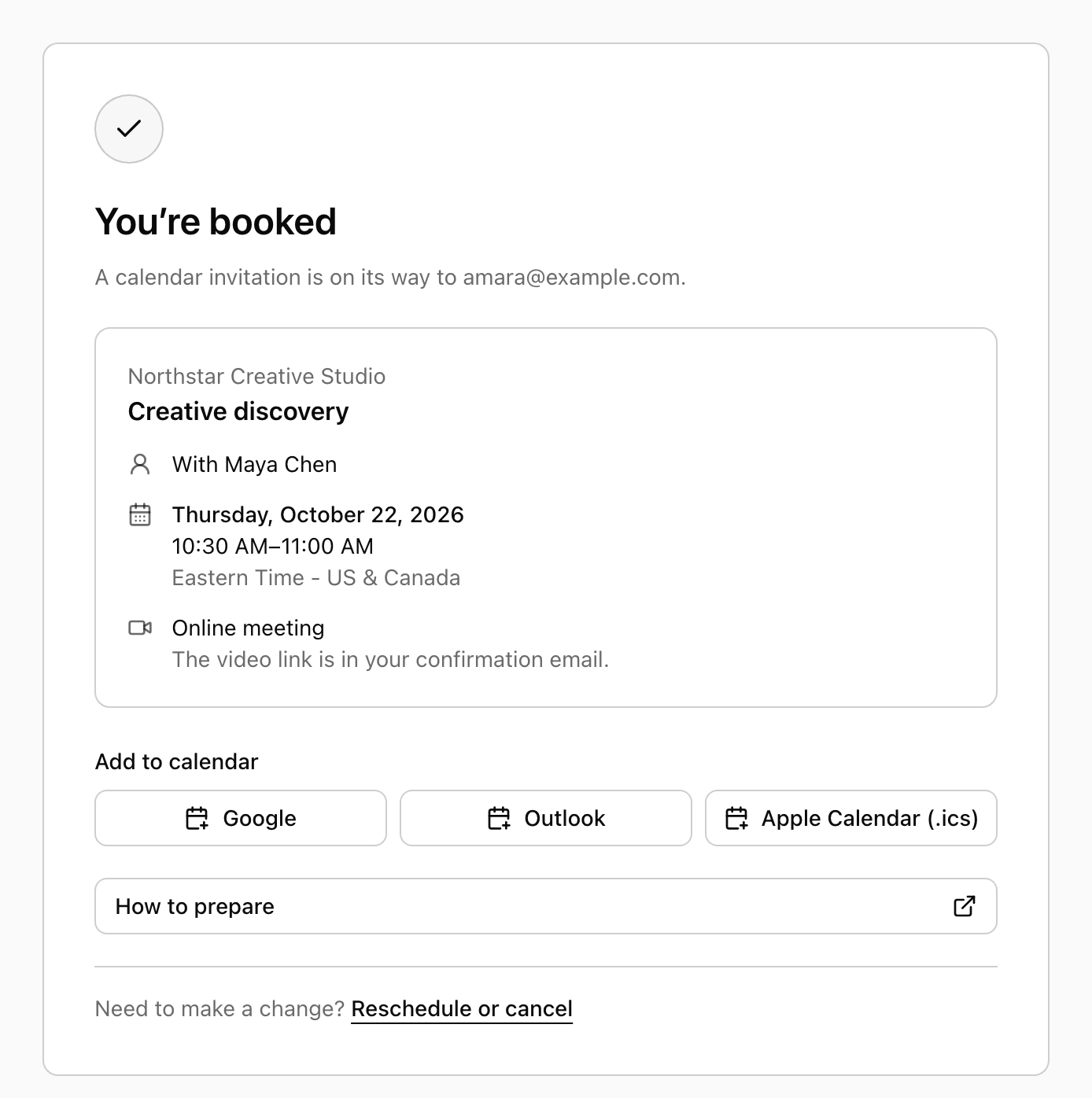 The confirmation page after booking: You're booked, with the meeting details and buttons to add it to Google, Outlook or Apple Calendar.