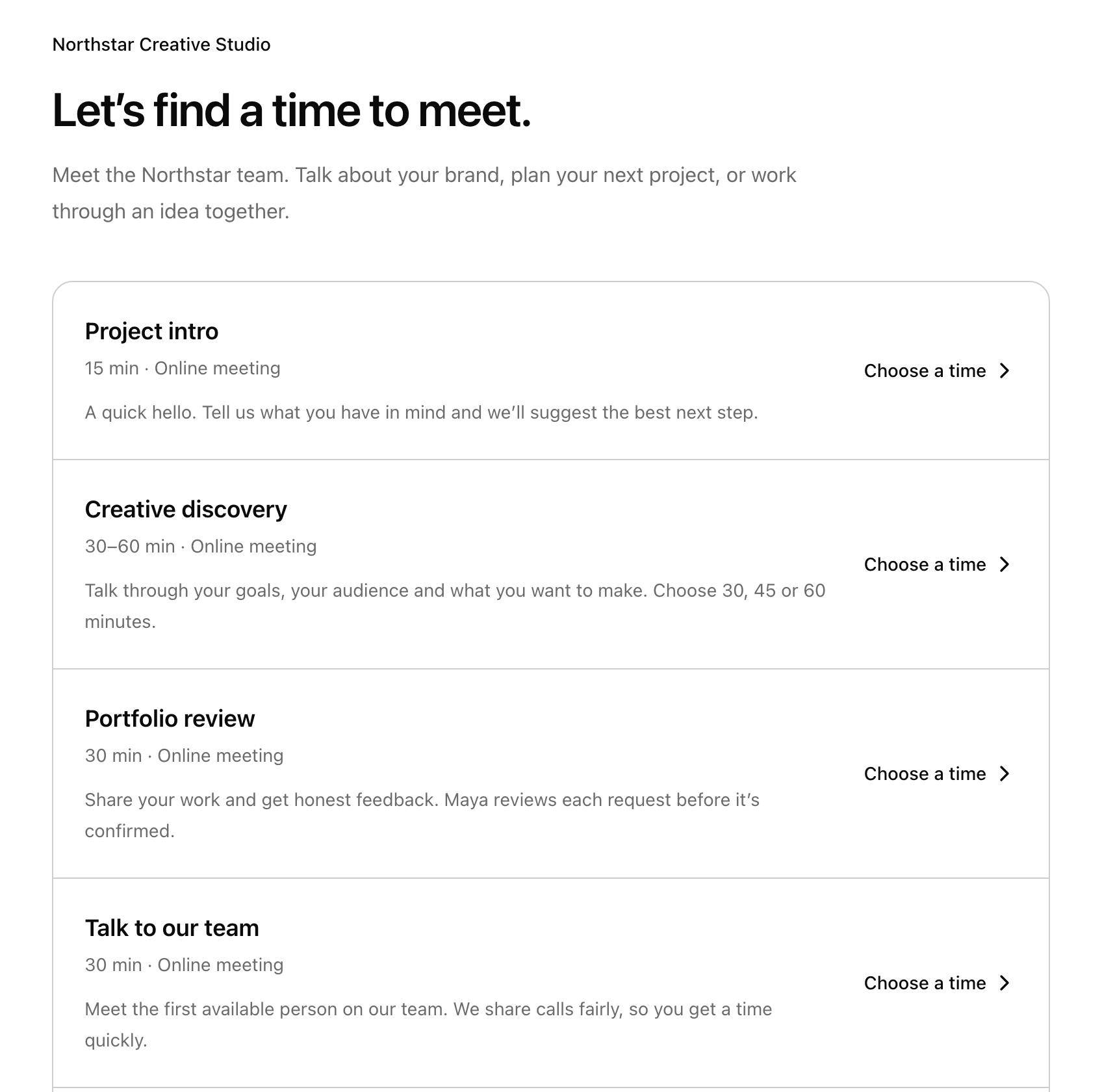 A booking page titled Let's find a time to meet, listing meeting types with their length and whether they are online or in person.