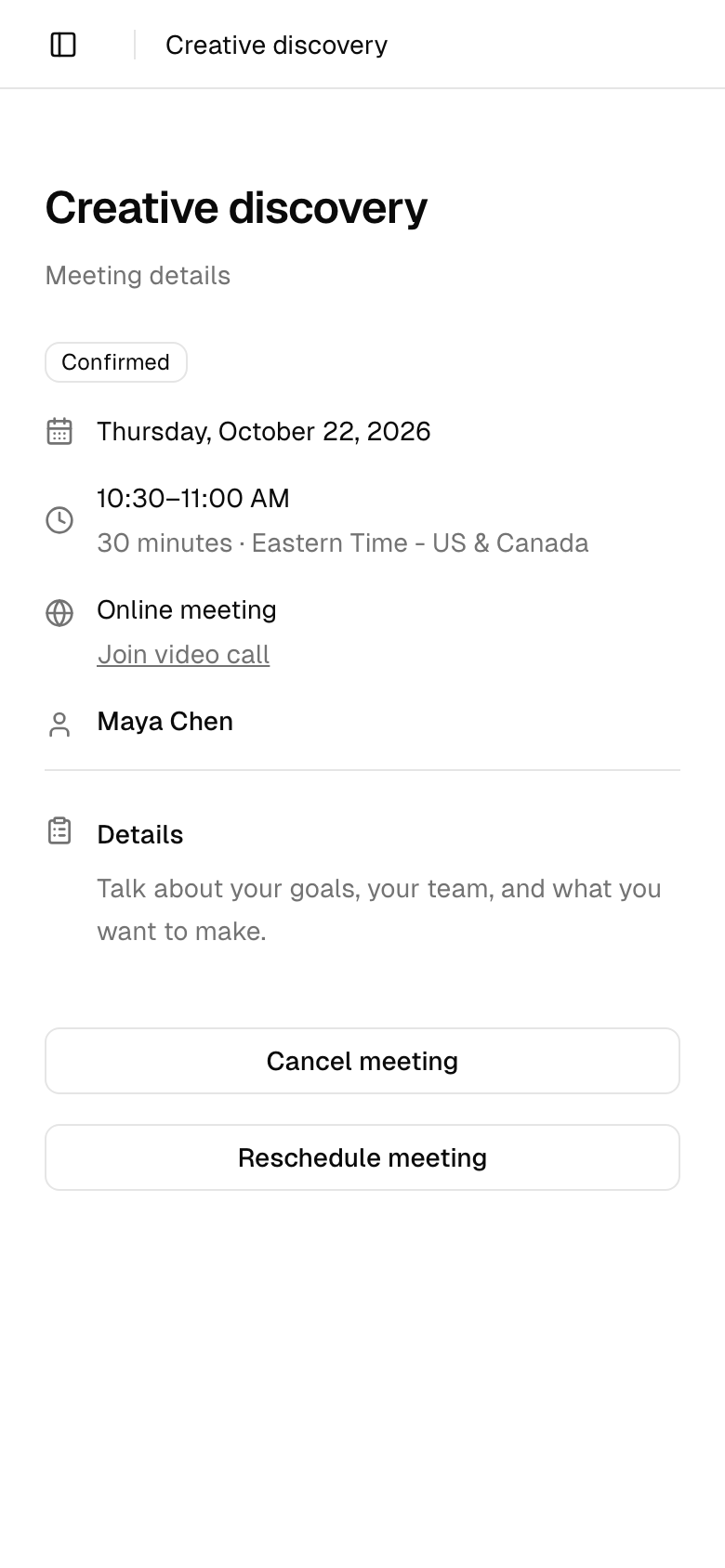 The page an invitee opens from the link in their confirmation email, with Cancel meeting and Reschedule meeting buttons.