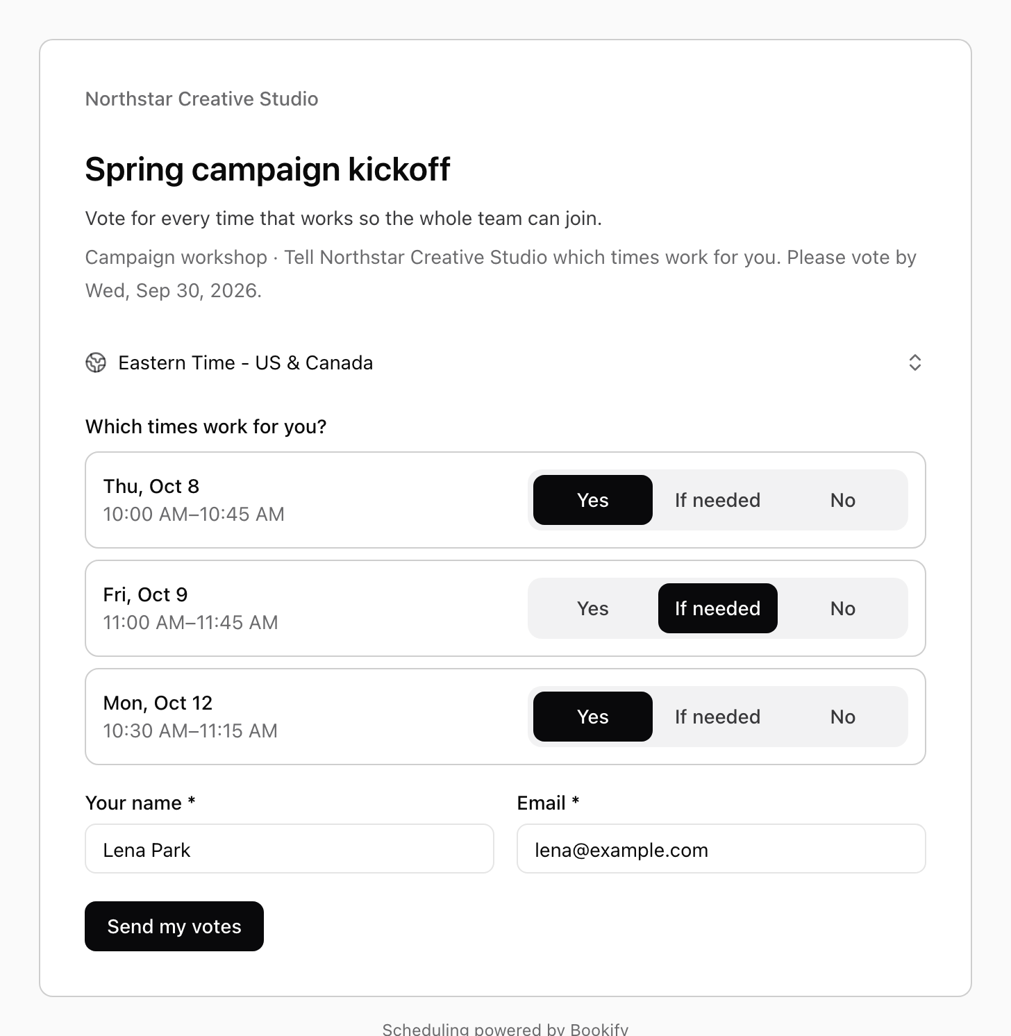 A meeting poll titled Spring campaign kickoff with three proposed times, each with Yes, If needed and No choices.