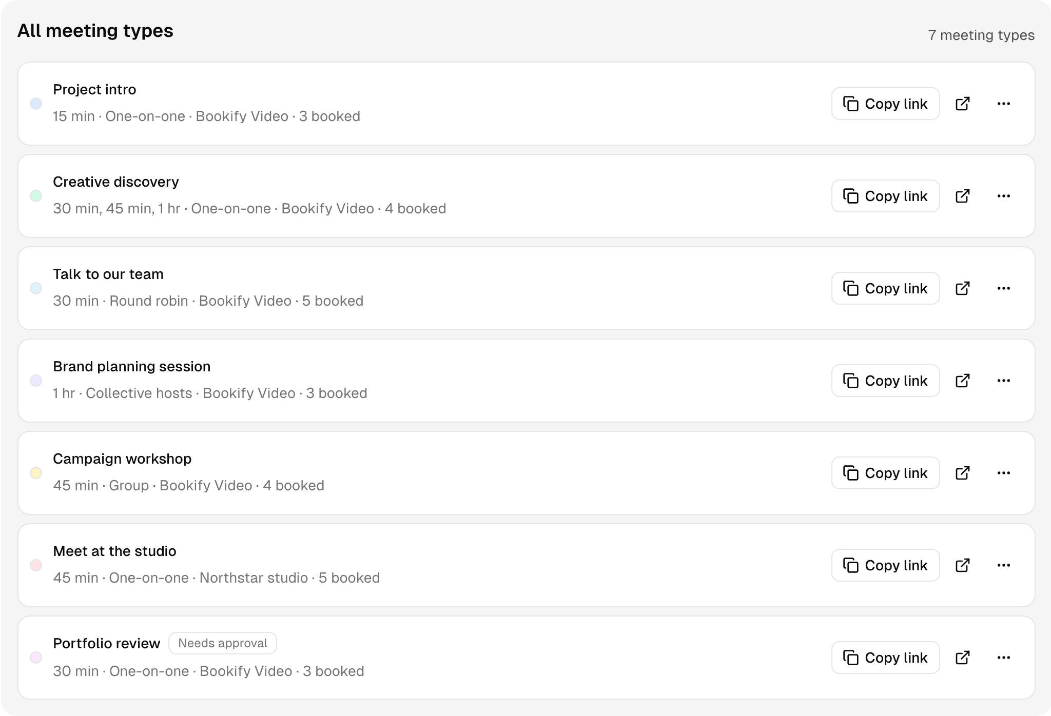 The meeting types list, starting with Project intro, Creative discovery and Talk to our team, each with its length, kind, location and a Copy link button.