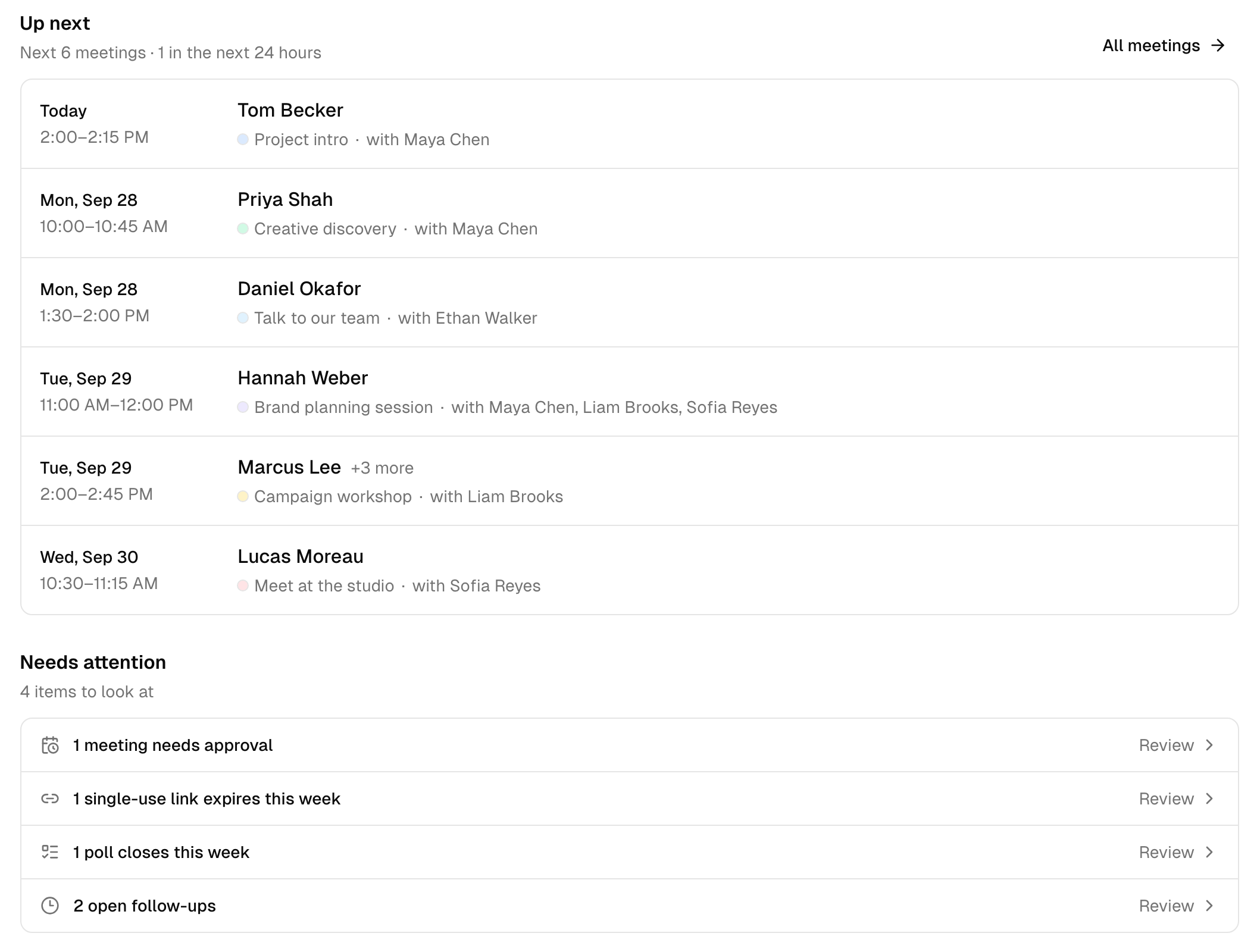 The Needs attention list on the Meetings overview: one meeting needs approval, one single-use link expires this week, one poll closes this week and two follow-ups are open.