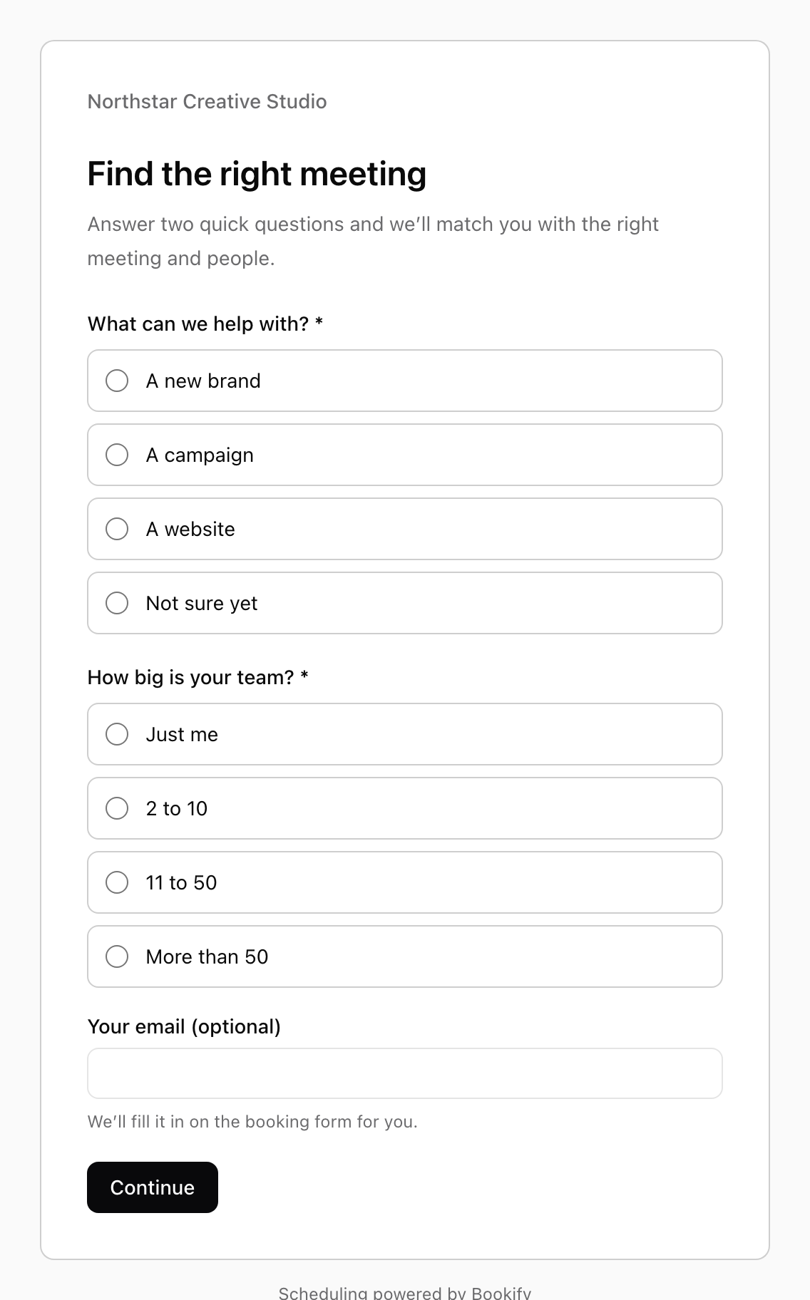 A routing form titled Find the right meeting, asking what the visitor needs help with and how big their team is.