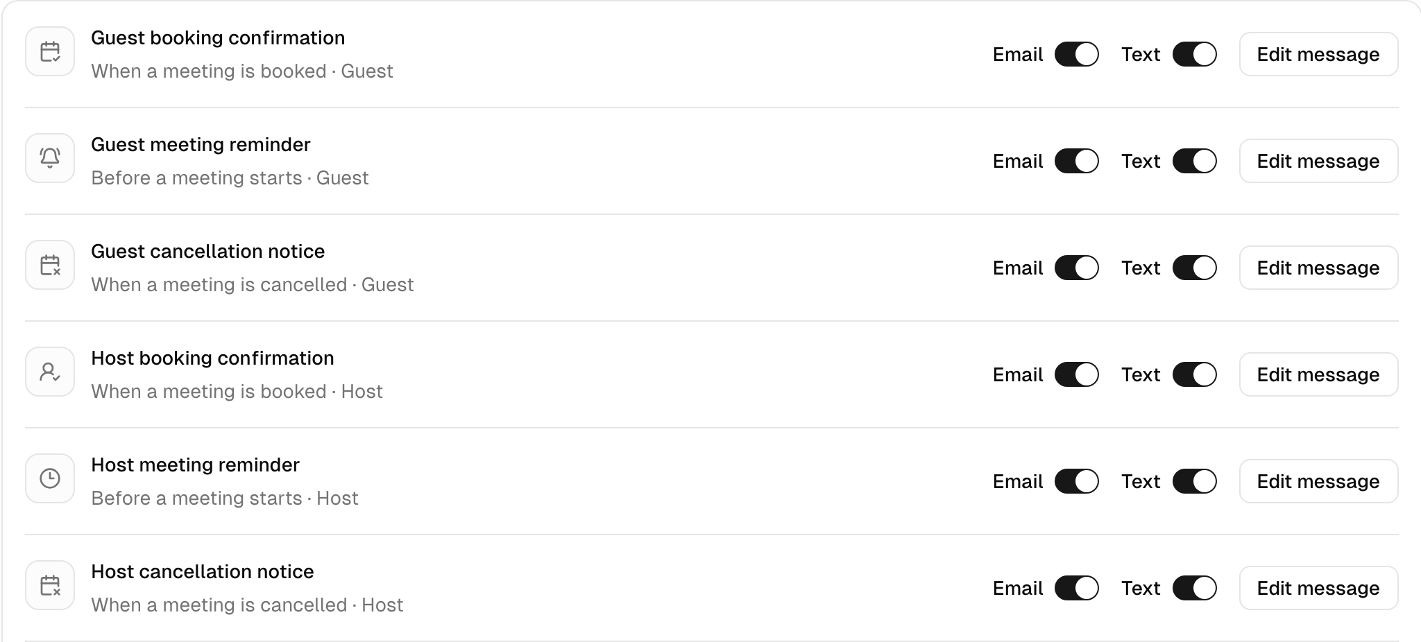 Meeting workflows with Email and Text switches, starting with the guest booking confirmation, meeting reminder and cancellation notice.