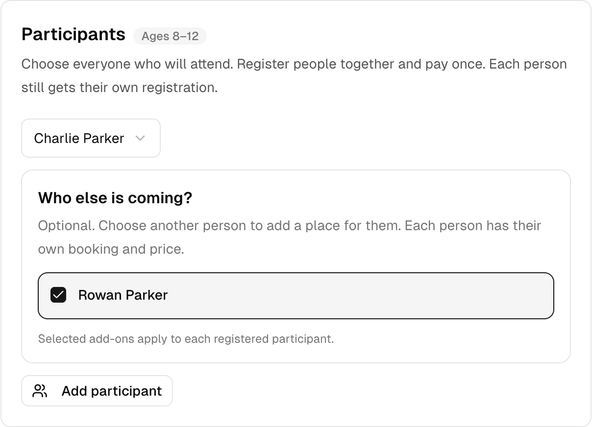 A family registering Charlie and Rowan together in one Bookify Camps checkout.