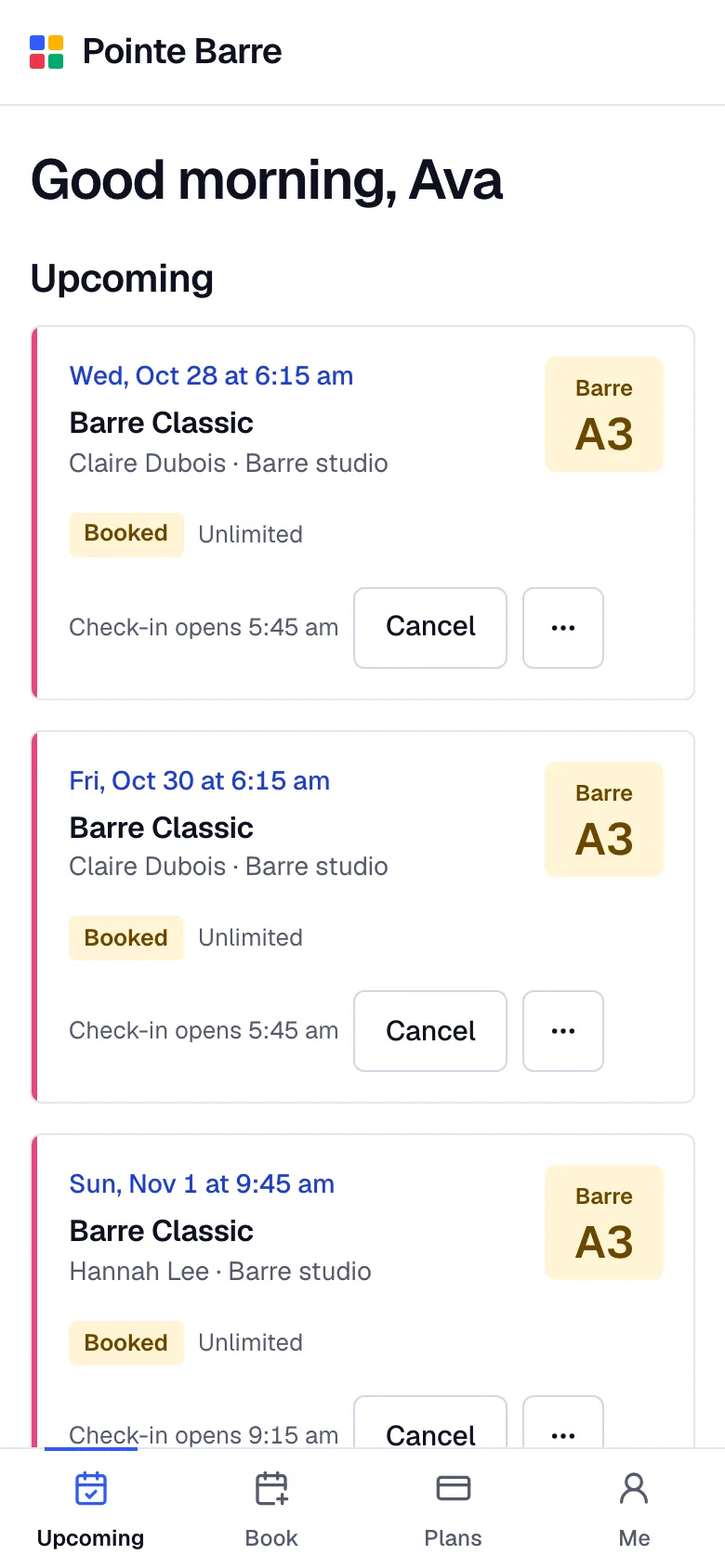 A client's upcoming barre classes on a phone in Bookify Barre, with booked spots and cancel buttons.