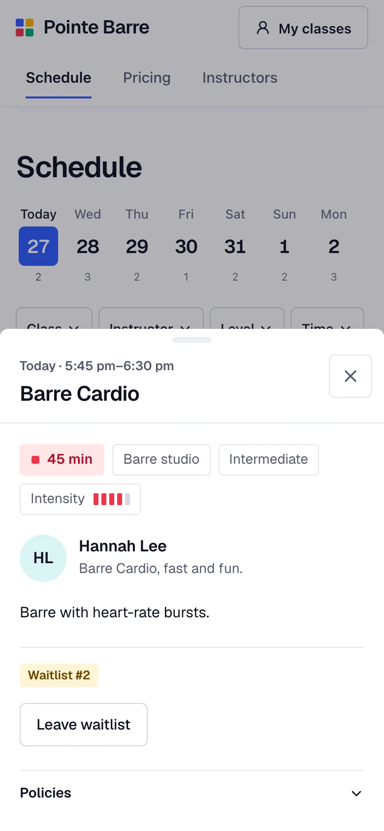 Booking a barre class on a phone in Bookify Barre: class details and the map of spots at the barre.