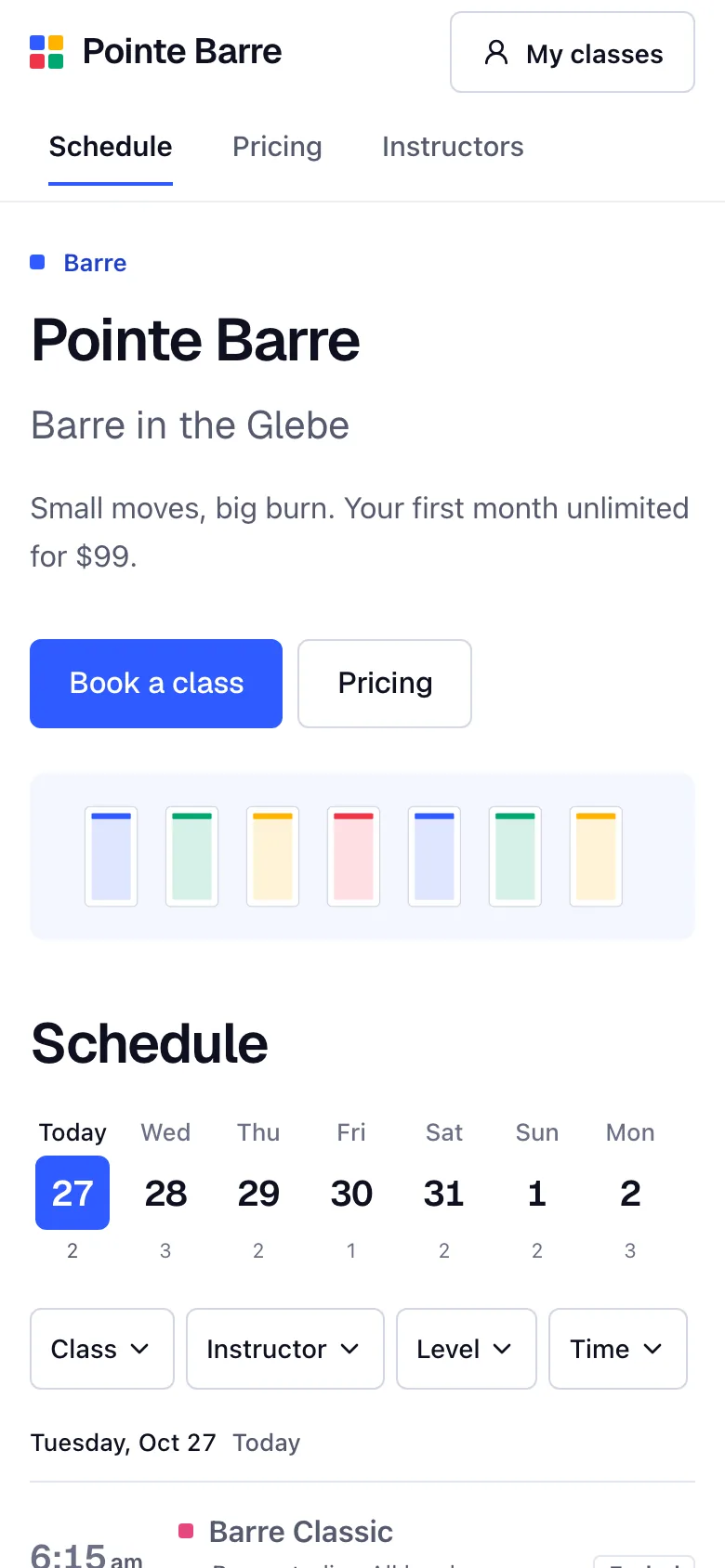 Bookify Barre booking page on a phone with the studio's barre classes for the week.