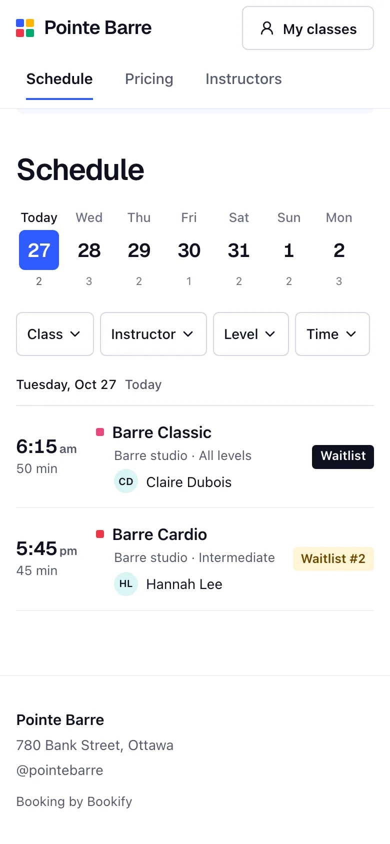 Bookify Barre schedule on a phone with classes, instructors and spots left.