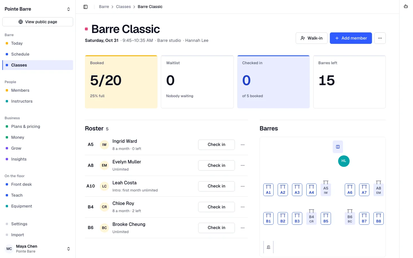 A barre class in Bookify Barre: the roster with first-visit badges beside the map of spots at the barre.