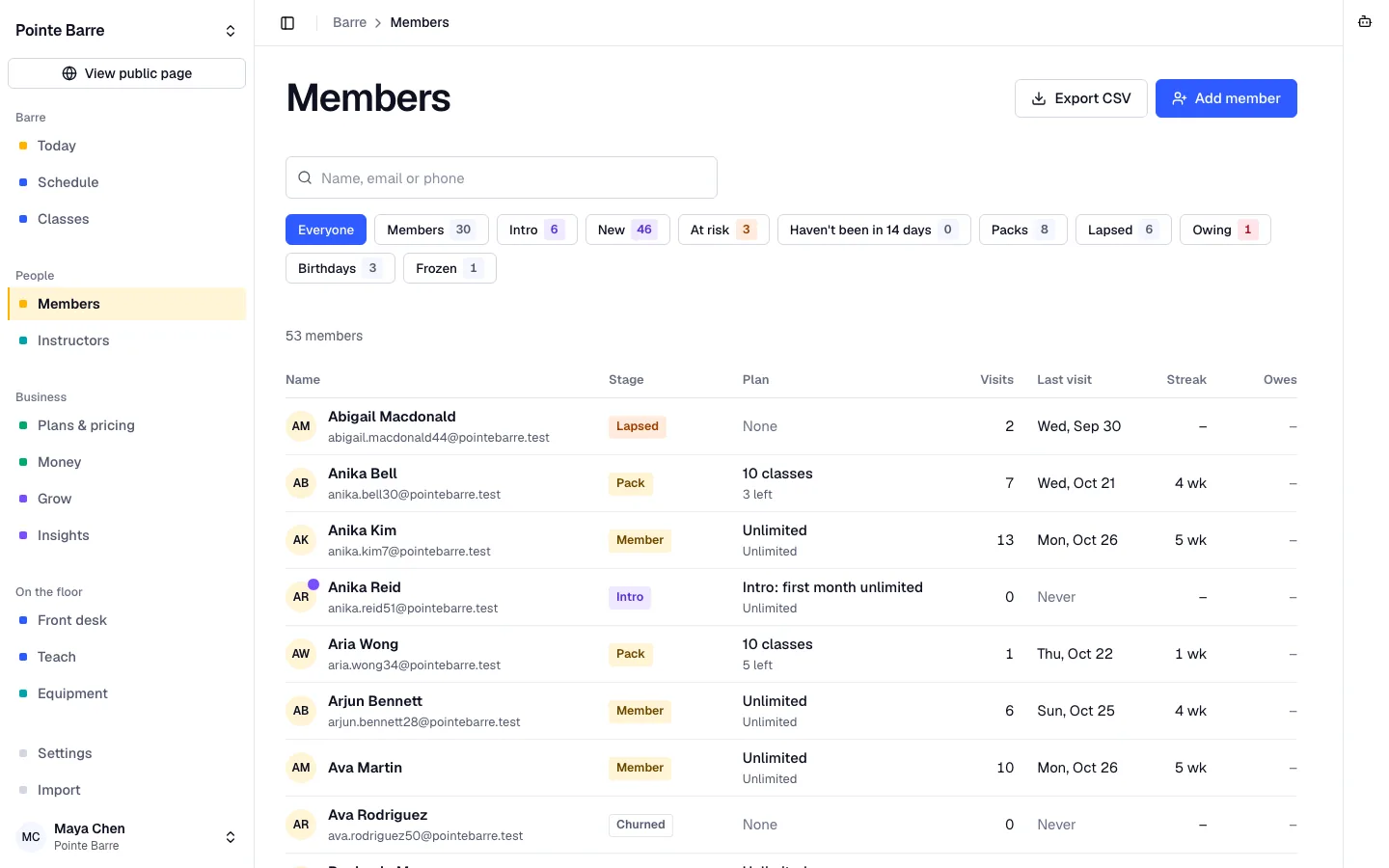 Bookify Barre client list with memberships, packs and last visit.
