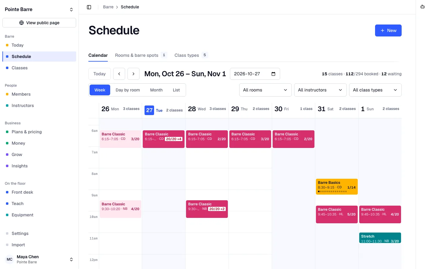 Bookify Barre week schedule with classic, cardio, sculpt and stretch classes coloured by type, with bookings and waitlists.