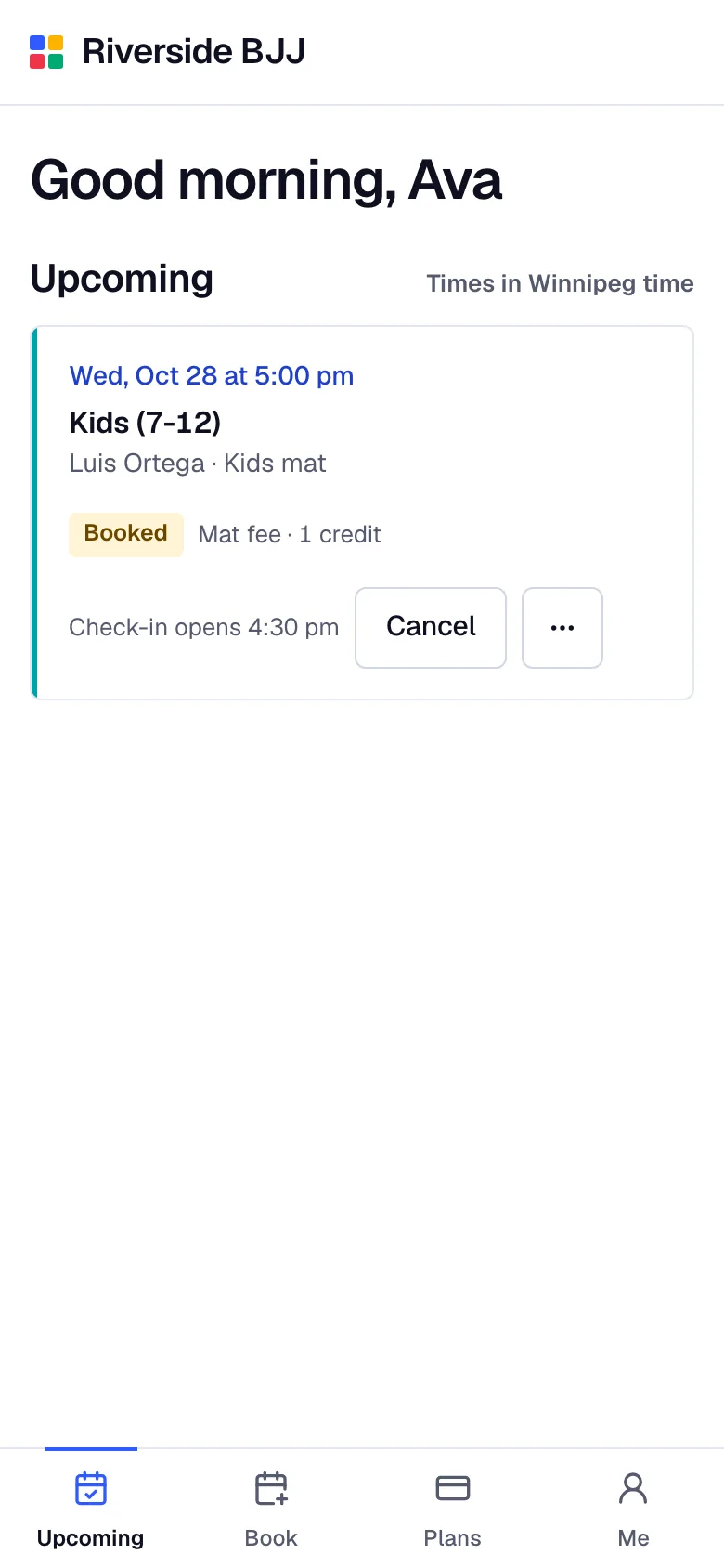 A student's upcoming martial arts classes on a phone in Bookify Martial Arts, with check-in times.