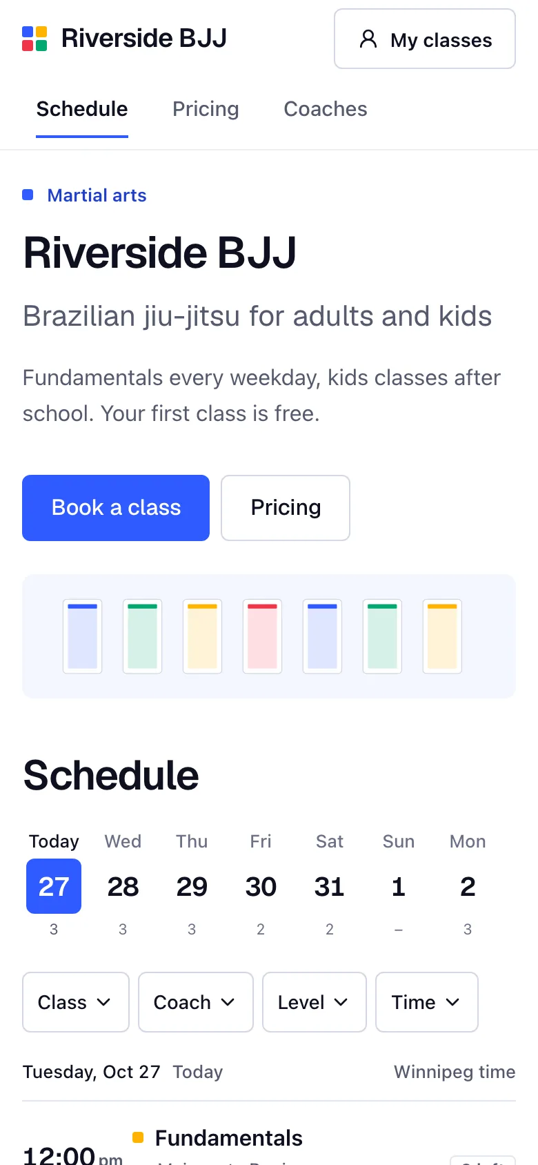 Bookify Martial Arts booking page on a phone with the academy's classes for the week.